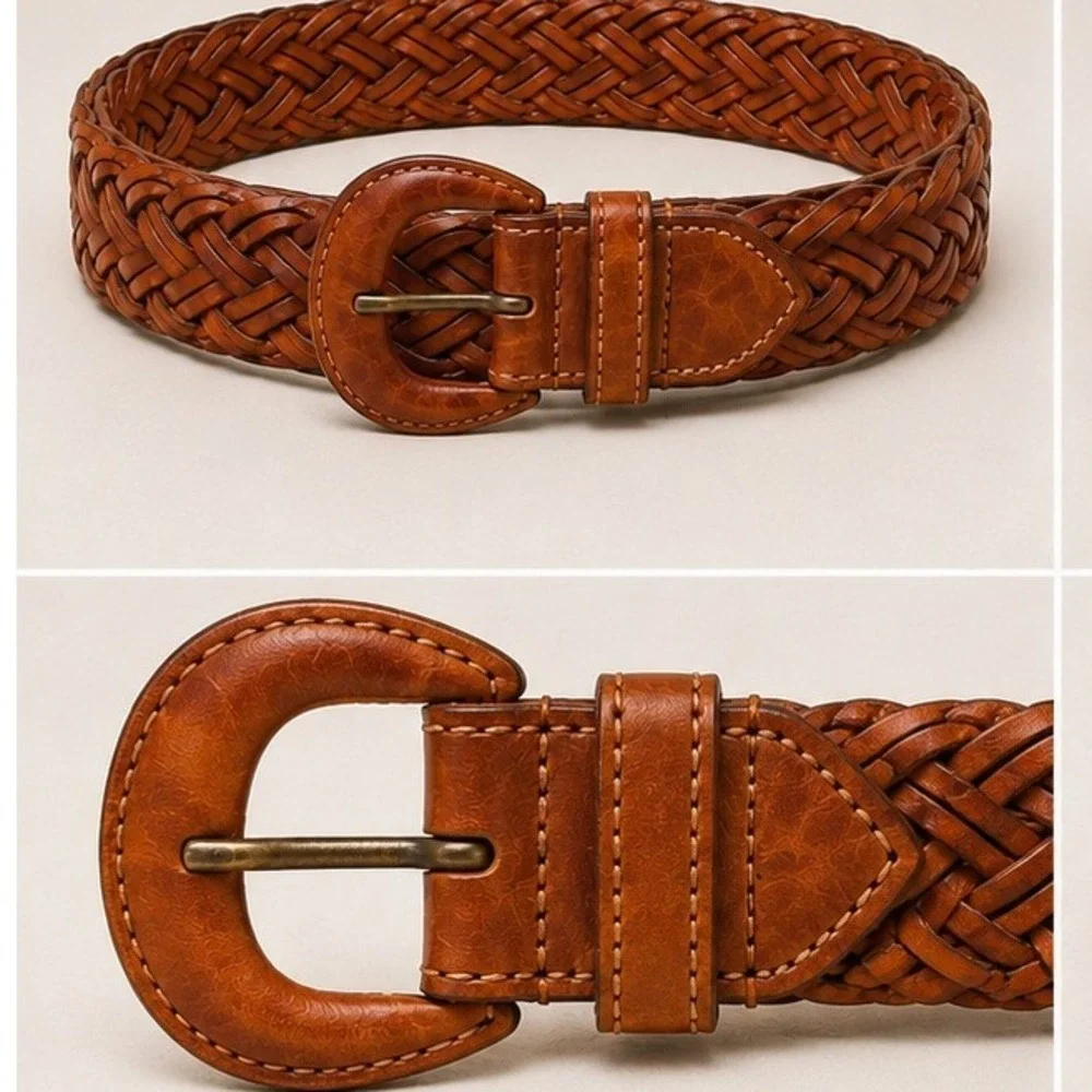 Eddie Bauer Vintage Cognac Braided Leather Belt Leather Wrapped Buckle M Boho